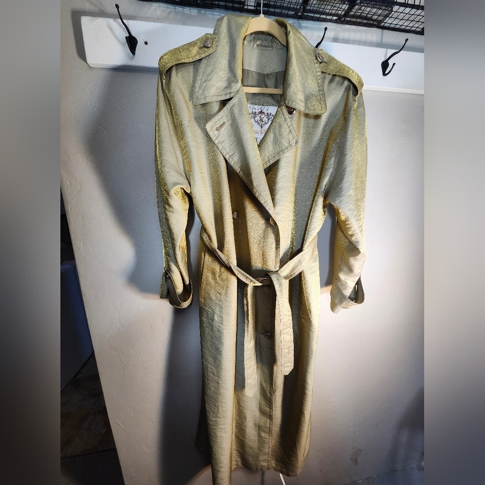Laura Winston Gold Metalic Vintage Maxi Trench Coat Sz 14 - Picture 16 of 16